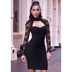 NEW DESIGNER BLACK LACE LONG SLEEVE CLASSIC BANDAGE DRESS SWEETHEART NECK SIZE L